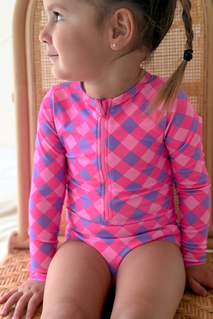 Lilac Check Long Sleeve Swimsuit