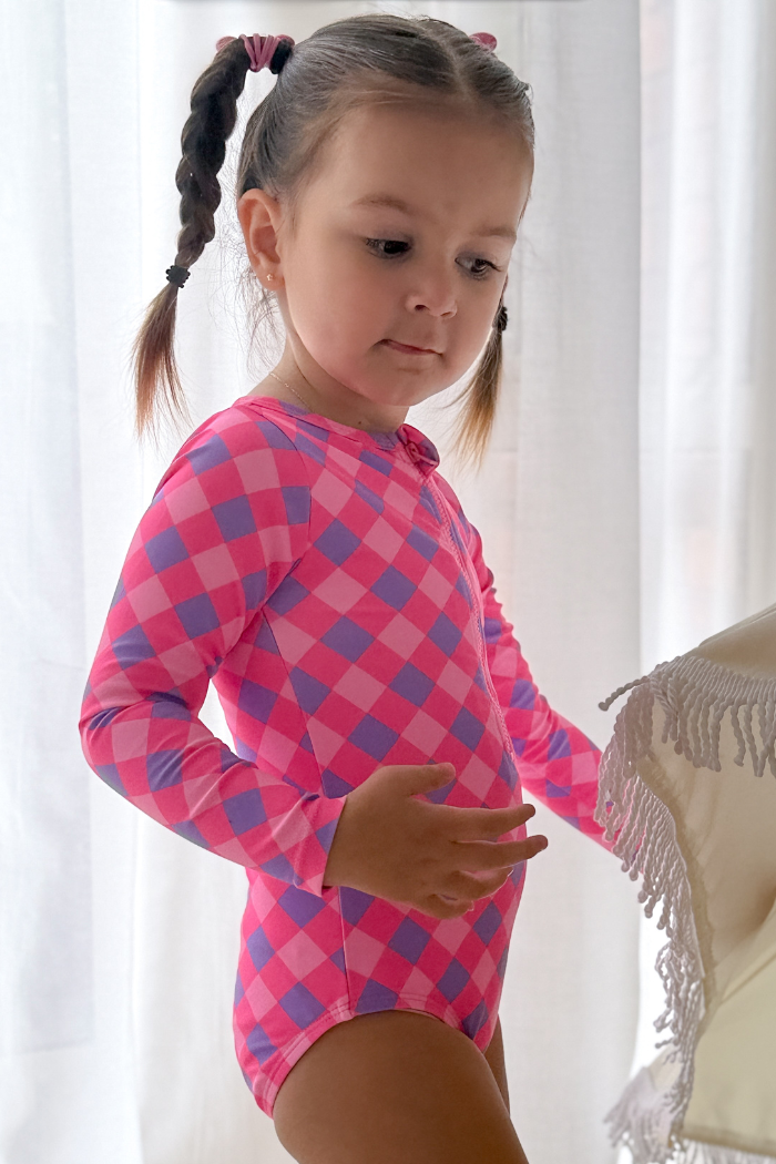 Lilac Check Long Sleeve Swimsuit