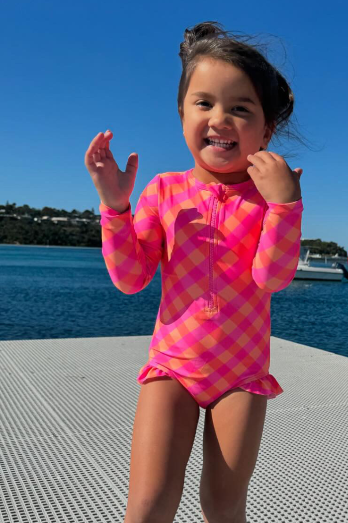 Check Long Sleeve Swimsuit