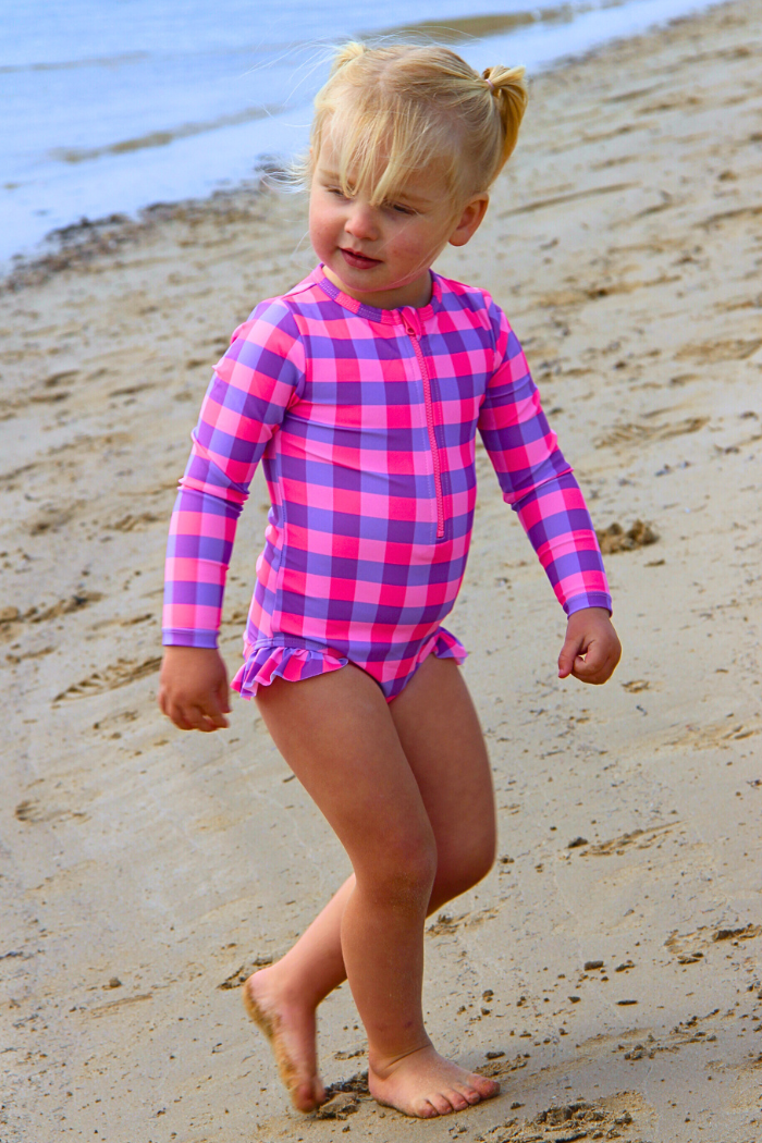 Lilac Check Long Sleeve Swimsuit